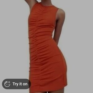 Zara Vibrant Orange NWT Ruched Front Sleeveless Mini Stretch Dress XS